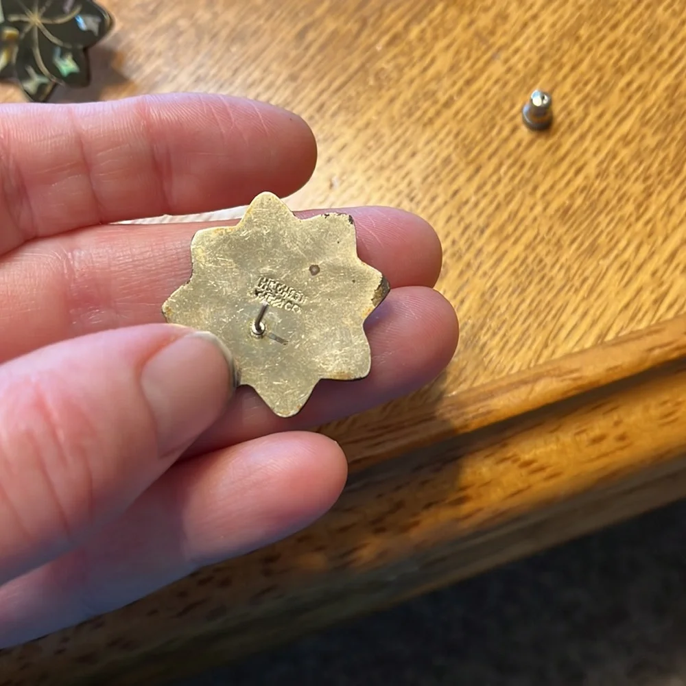Vintage Alpaca Silver Abalone Inlay Star Brooch With Earrings